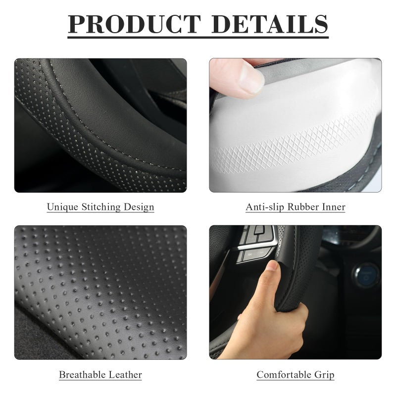 KAFEEK Steering Wheel Cover, Universal 15 inch, Microfiber Leather, Anti-Slip, Odorless, Black Lines - Image 4